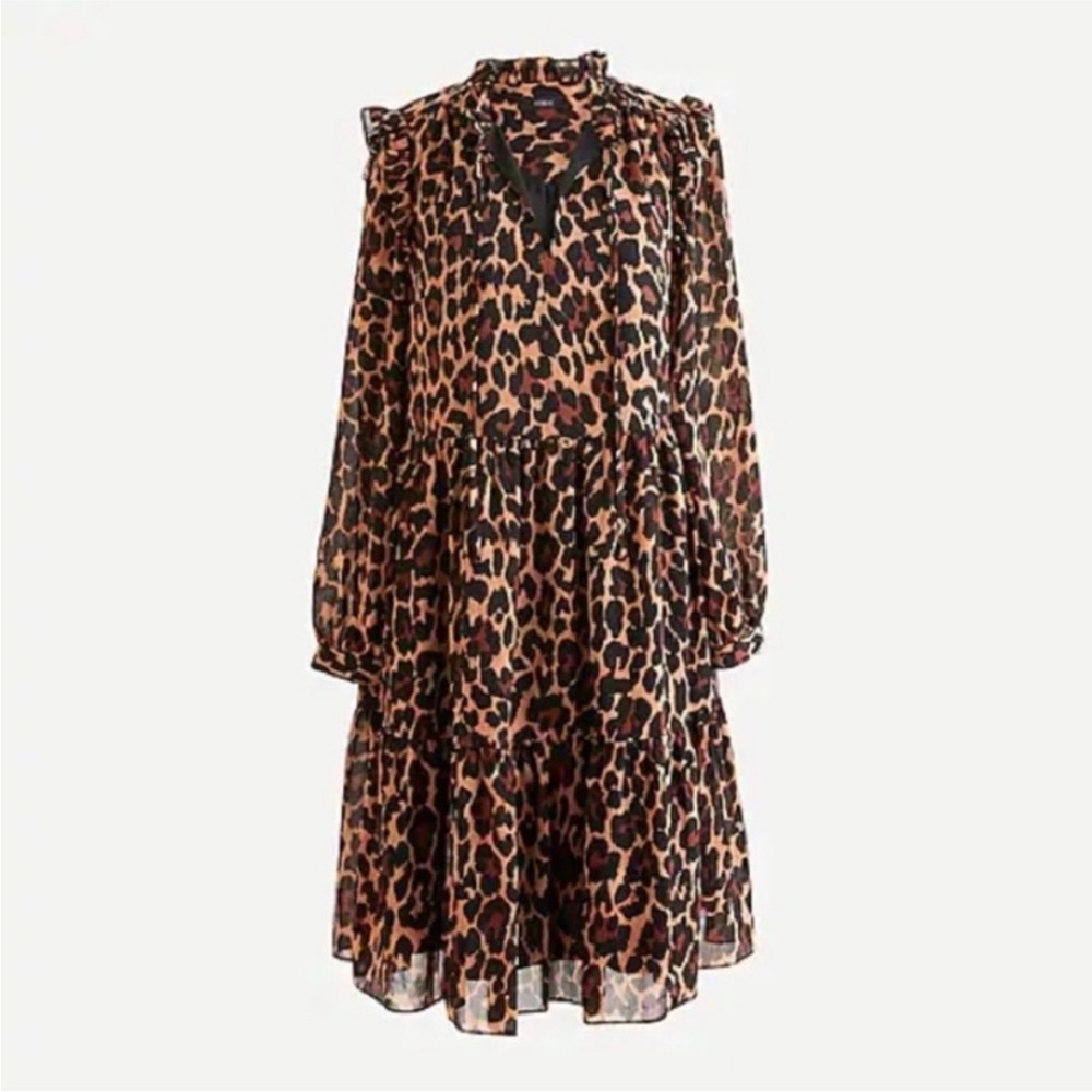 J. Crew Chiffon Tie Neck Dress Leopard Medium